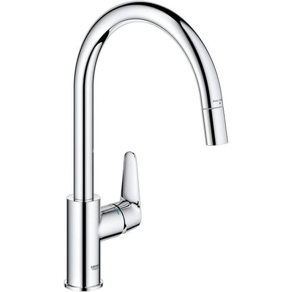 Køkkenarmatur - Krom - Høj C-formet tud - Udtrækbar perlator - 360 grader roterbar - Gennemstrømningsbegrænser - GROHE Start Curve - 30562000