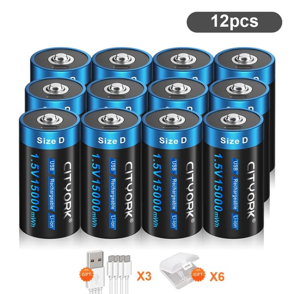 CITYORK D Størrelse Genopladelige Batterier, 15000mWh Kapacitet, USB Opladning,12 stk D-batteri