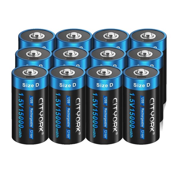CITYORK D Størrelse Genopladelige Batterier, 15000mWh Kapacitet, USB Opladning,12 stk D-batteri