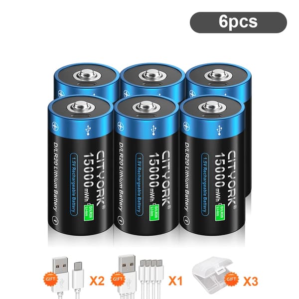 CITYORK D Storlek Uppladdningsbara Batterier, 15000mWh Kapacitet, USB Laddning,6 stycken D-batteri