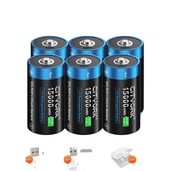 CITYORK D Storlek Uppladdningsbara Batterier, 15000mWh Kapacitet, USB Laddning,6 stycken D-batteri