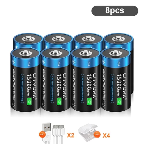 CITYORK D Storlek Uppladdningsbara Batterier, 15000mWh Kapacitet, USB Laddning,8 stycken D-batteri