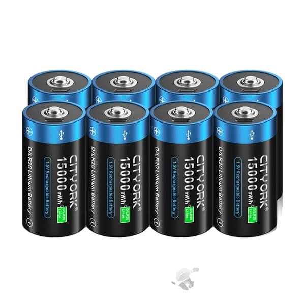 CITYORK D Storlek Uppladdningsbara Batterier, 15000mWh Kapacitet, USB Laddning,8 stycken D-batteri