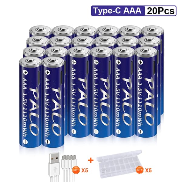 PALO AAA Genopladelige Lithiumbatterier, 1110mWh Kapacitet, USB Opladning,20 stk. AAA-batteri
