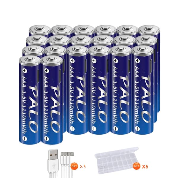 PALO AAA Genopladelige Lithiumbatterier, 1110mWh Kapacitet, USB Opladning,20 stk. AAA-batteri