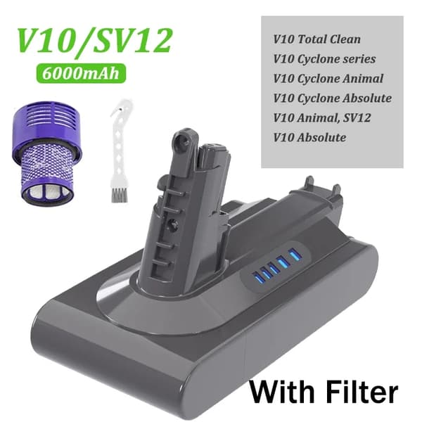 Genopladeligt batteri, 6000mAh kapacitet, bred kompatibilitet,v10 6.0AH filter