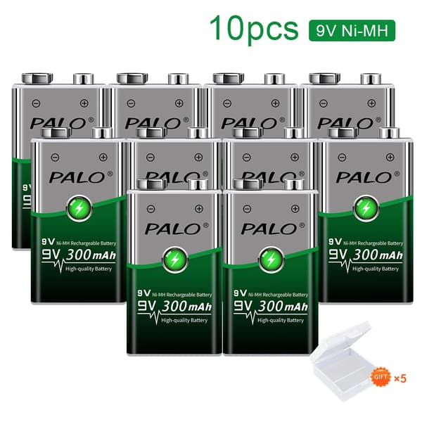 PALO Genopladelig 9V Ni-MH Batteri, 300mAh Kapacitet, Fås i 10 stk eller 12 stk,10stk batteri