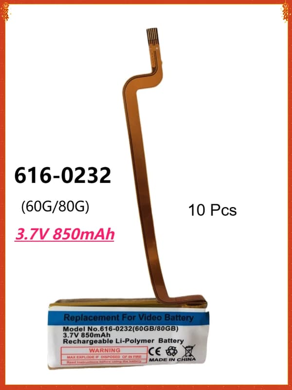 Ladattava Li-Polymer-akku, 3.7V 850mAh, yhteensopiva iPod Classicin kanssa,616-0232  10kpl
