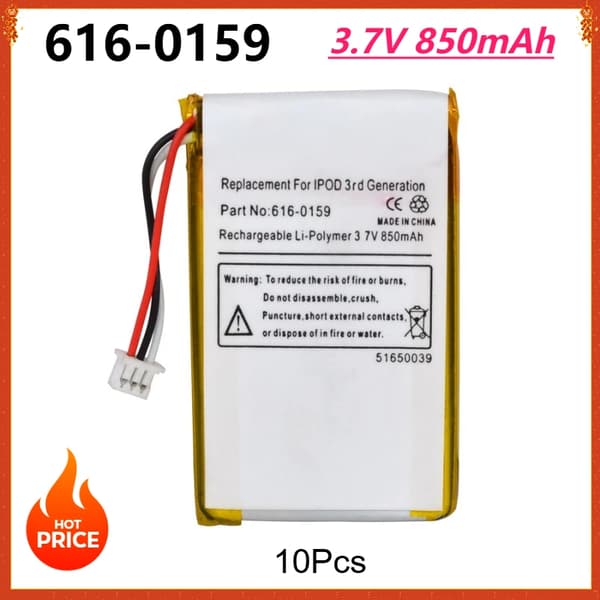 Genopladeligt Li-Polymer-batteri, 3.7V 850mAh, kompatibelt med iPod Classic,616-0159 10Stk