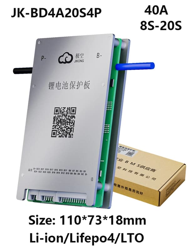 Smart Battery Management System, 40A opladningsstrøm, aktiv balancefunktion,40A, JK-BD4A20S4P