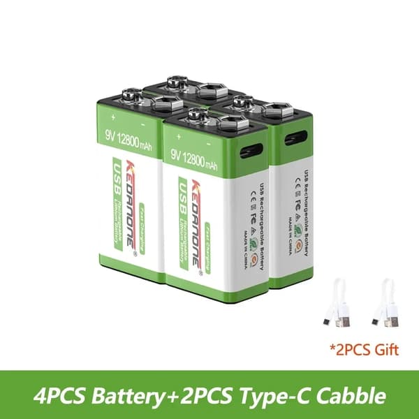 9V Genopladeligt Batteri, Høj Kapacitet 12800mAh, Micro USB Opladning,4 STK