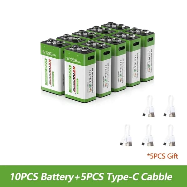 9V Ladattava Akka, Korkea Kapasiteetti 12800mAh, Micro USB Lataus,10 kpl