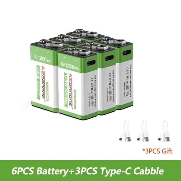 9V Genopladeligt Batteri, Høj Kapacitet 12800mAh, Micro USB Opladning,6 STK
