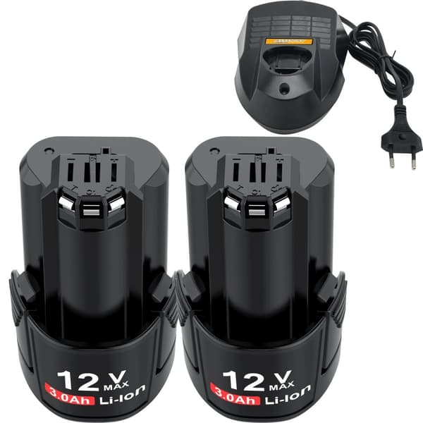 12V litiumjonbatteri, 3000mAh kapacitet, kompatibelt med Bosch-verktyg,2 st Batteriladdning