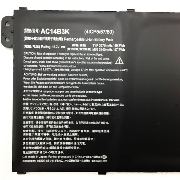 AC14B3K Laptopbatteri, 15,2V spænding, 3270mAh kapacitet,AC14B3K