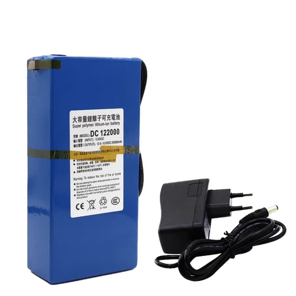 12V Litiumakku, 20000mAh kapasiteetti, ladattava laturilla,Akku laturilla