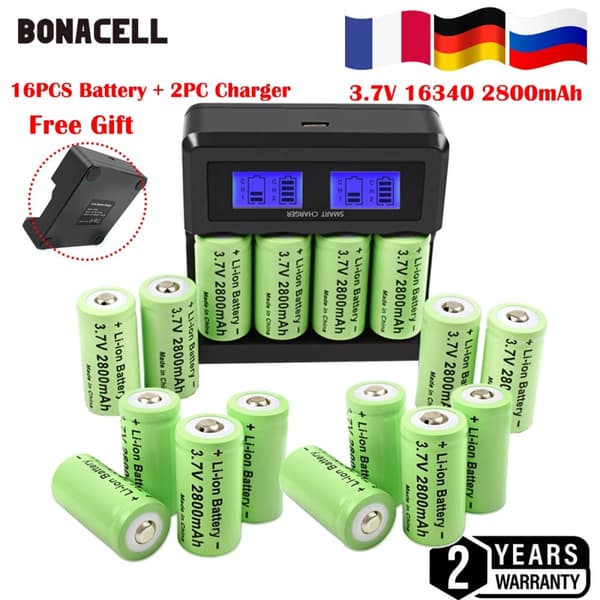 16 kpl ladattavia CR123A akkuja, 2800mAh kapasiteetti, CE-sertifioitu,16XAkku-2Lataus