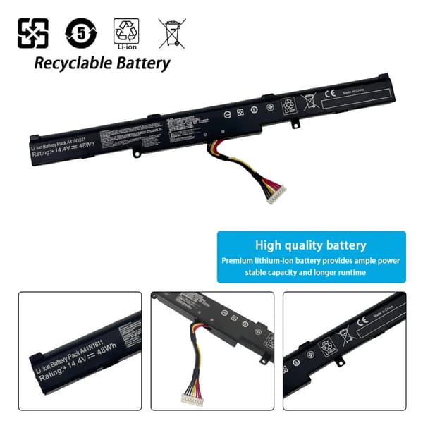 A41N1611 Laptopbatteri, 48Wh kapacitet, kompatibel med ASUS-modeller, 14.4V spänning