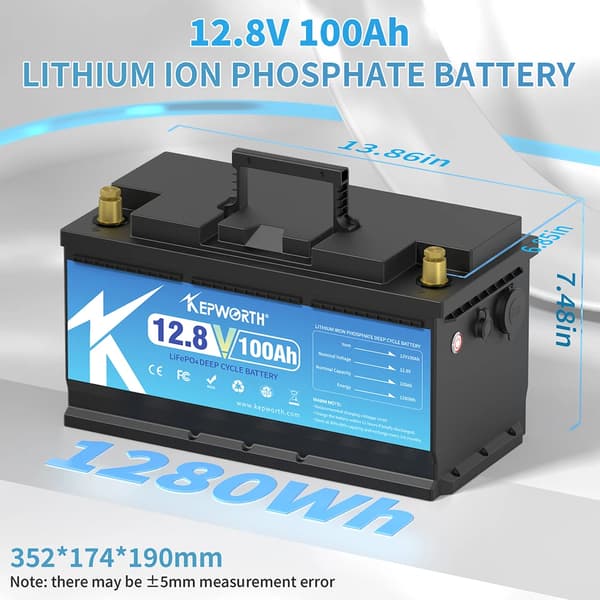 Litiumjärnfosfatbatteri, 12V, 100Ah, 6000+ cykler,12V 100Ah 352mm