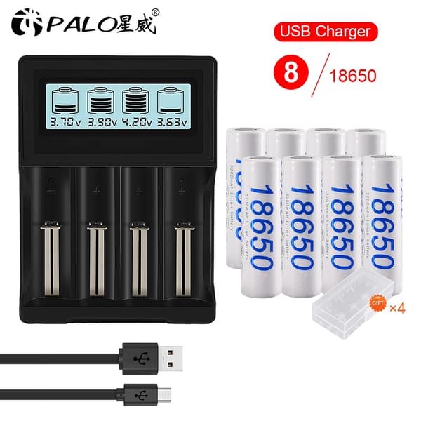 18650 Lithiumbatteri, 3200mAh nominelt kapacitet, genopladelig, 8-pakning,8 batteri 1 oplader, 3.7V