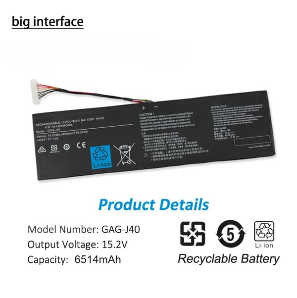 Batteri, 15.2V udgang, 6514mAh kapacitet,Stor grænseflade