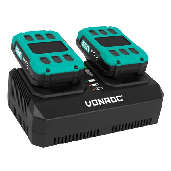 VONROC VPower 20V Startsæt – 2x 2.0Ah Akku & Dobbelt Hurtiglader – Klar til alle VONROC værktøjer