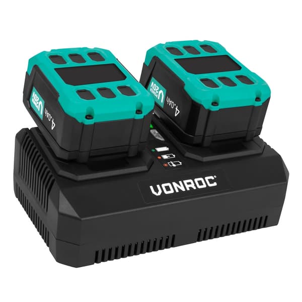 VONROC VPower 20V Startsæt – 2x 4.0Ah Akku & Dobbelt Hurtiglader – Klar til alle VONROC værktøjer