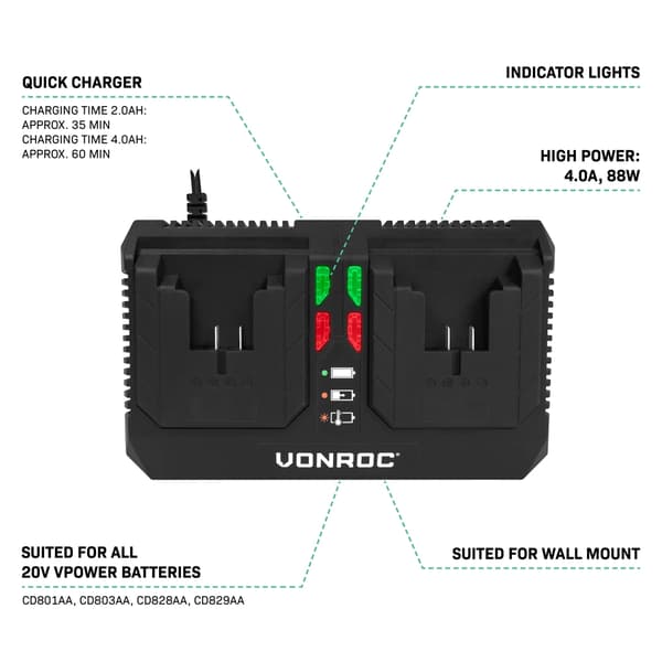 VONROC VPower 20V Startsæt – 2x 4.0Ah Akku & Dobbelt Hurtiglader – Klar til alle VONROC værktøjer
