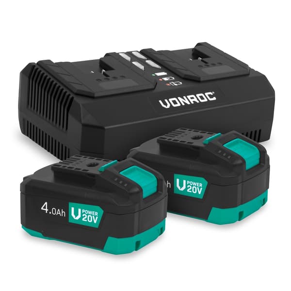 VONROC VPower 20V Startsæt – 2x 4.0Ah Akku & Dobbelt Hurtiglader – Klar til alle VONROC værktøjer