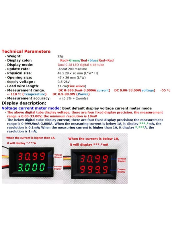 4 in 1 Volt + Amp + Temp + Watt 0-33V + 0-10A DC Digital lcd