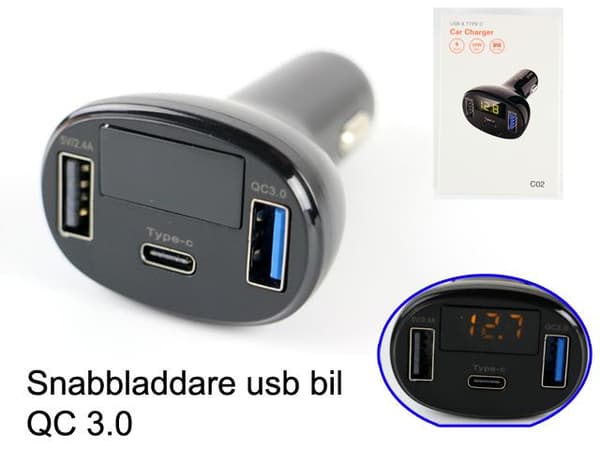 Voltmätare 5-30v + USB 5v Snabbladdare DC C02 QC3.0 Type C