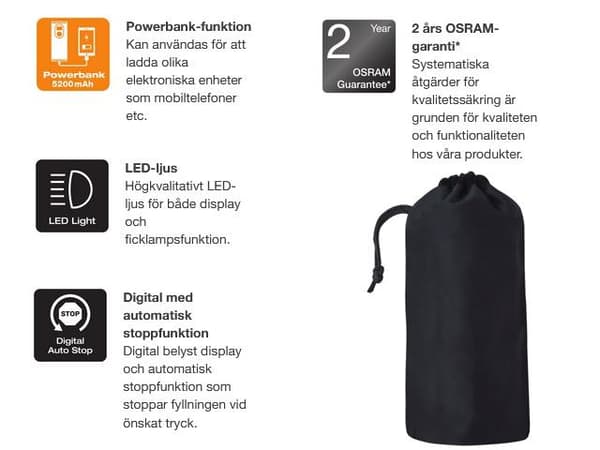 Osram TYREinflate 2000 laddningsbar kompressor däckpump ficklampa