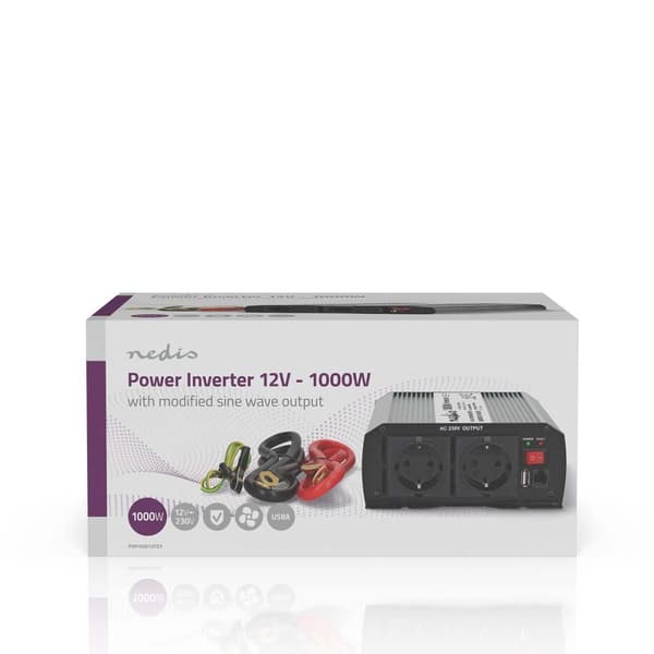 Nedis Invertteri Muunnettu Siniaalto | Tulojännite: 12 V DC | Laitteen lähtövirran liittimet: Type F (CEE 7/3) / USB-A | 230 V AC 50 Hz | 1000 W | Läh
