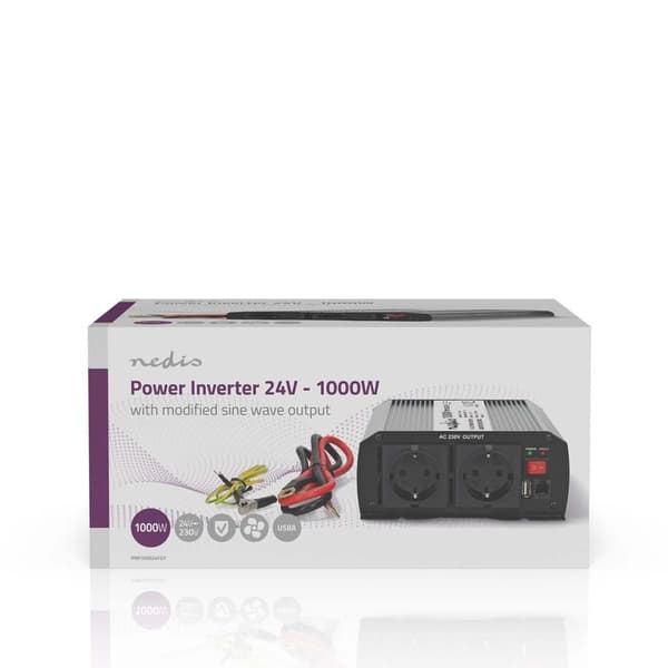 Nedis Invertteri Muunnettu Siniaalto | Tulojännite: 24 V DC | Laitteen lähtövirran liittimet: Type F (CEE 7/3) / USB-A | 230 V AC 50 Hz | 1000 W | Läh