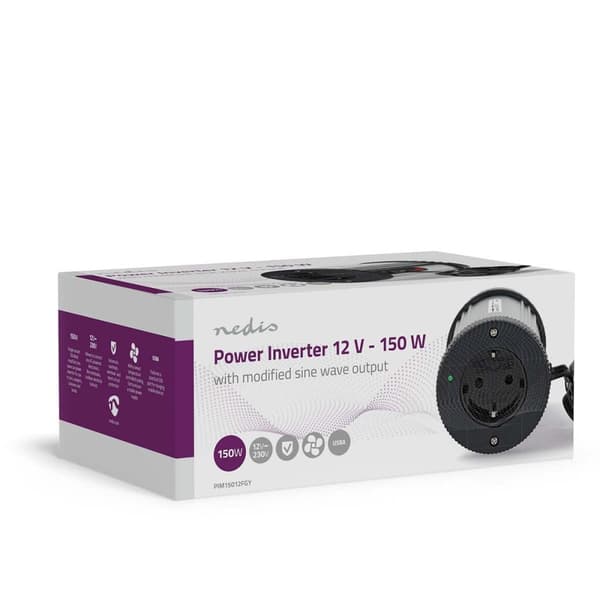 Nedis Invertteri Muunnettu Siniaalto | Tulojännite: 12 V DC | Laitteen lähtövirran liittimet: Type F (CEE 7/3) / USB-A | 230 V AC 50 Hz | 150 W | Läht