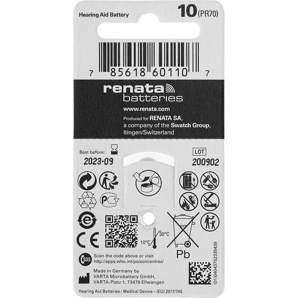 Renata Knappcell ZA 10 1.4 V 6 st 105 mAh Zink-luft Hearing Aid PR70