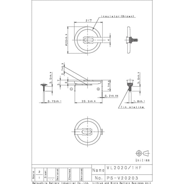 Panasonic VL2020-1HFE Laddbart batteri Knappcell VL 2020 Litium 20 mAh 3 V 1 st