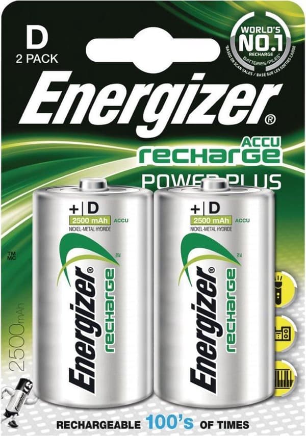 Energizer 2500 mAh ladattava akku Power Plus D - 2 kpl läpipainopakkaus