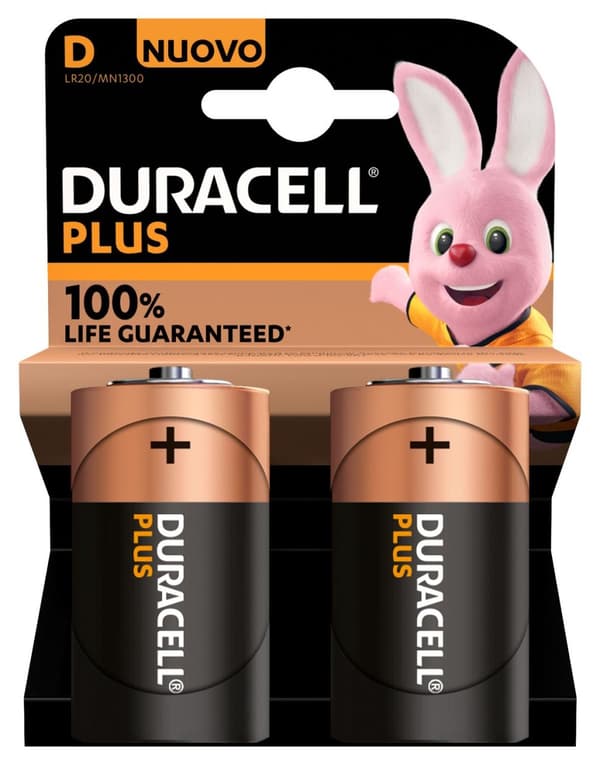 Duracell Plus Alkaline D batterier - 2 stk