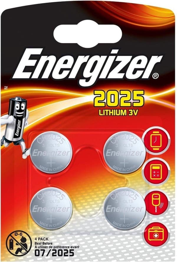 Energizer Battery Button Cell Lithium 3v Cr2025 4 stk