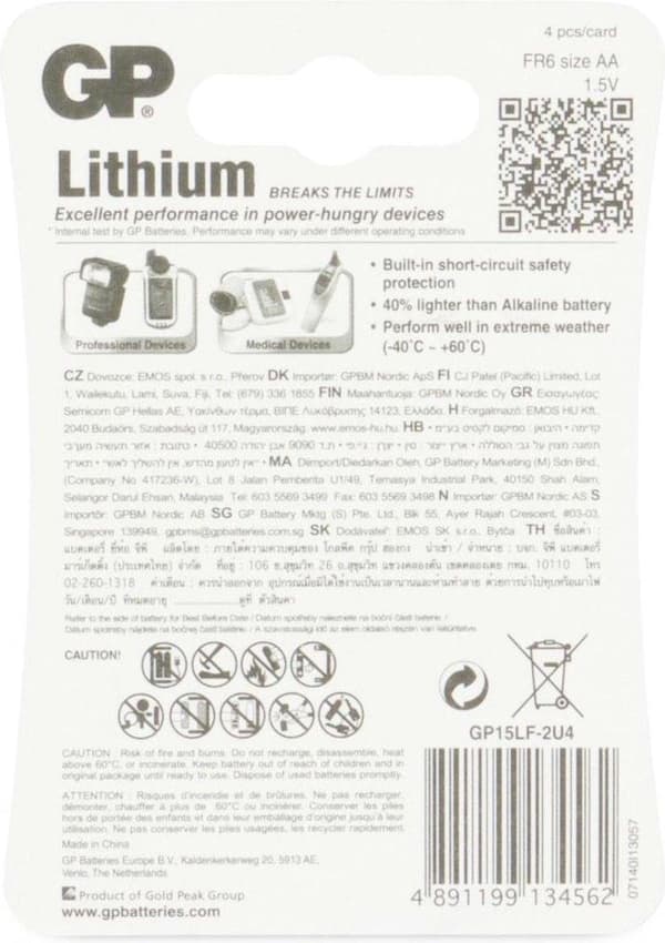 GP Batterier Lithium Primary AAA - 4 Engangsbatteri Alkaline