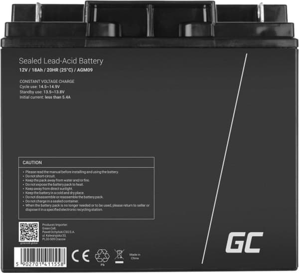 Green Cell AGM09 industrielt genopladeligt batteri Forseglet blysyre (VRLA) 18000 mAh 12 V