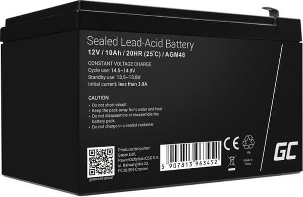AGM VRLA 12V 10Ah batteri vedligeholdelsesfri.