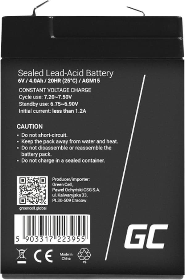 Green Cell AGM15 UPS-batteri Forseglet blysyre (VRLA) 6 V 4 Ah