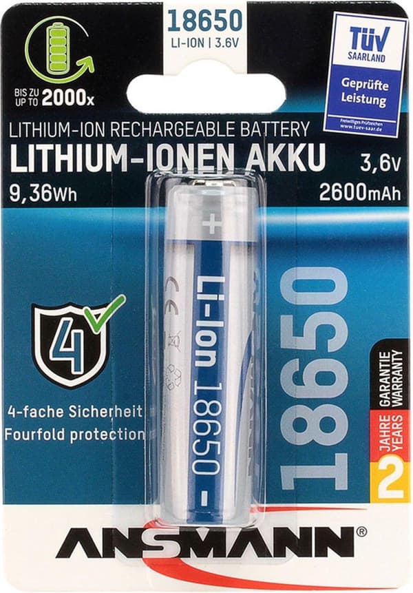 Ansmann Li-Ion Akku 18650 Genopladeligt batteri Lithium-Ion 2600 mAh - Beskyttet