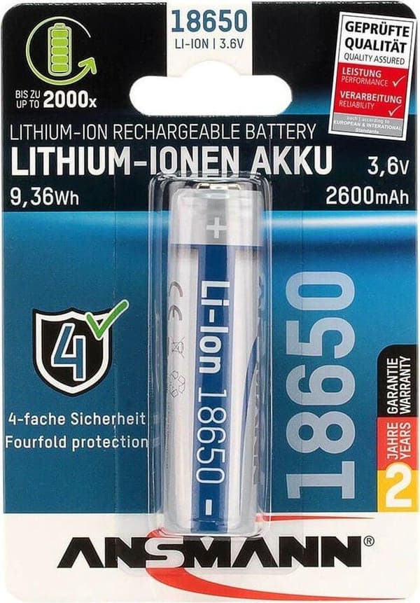 Ansmann Li-Ion Akku 18650 Genopladeligt batteri Lithium-Ion 2600 mAh - Beskyttet
