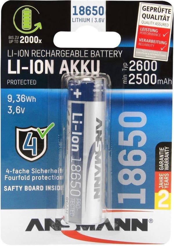 Ansmann Li-Ion Akku 18650 Genopladeligt batteri Lithium-Ion 2600 mAh - Beskyttet