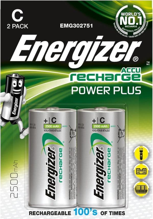 Energizer C - HR14 2500mAh - 1,2V Recharge Power Plus genopladelige batterier - 2 stk.