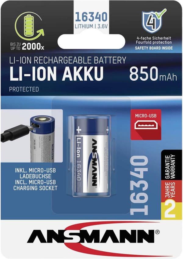Ansmann 16340, Micro-USB Special genopladeligt batteri 16340 Li-ion 3,6 V 850 mAh