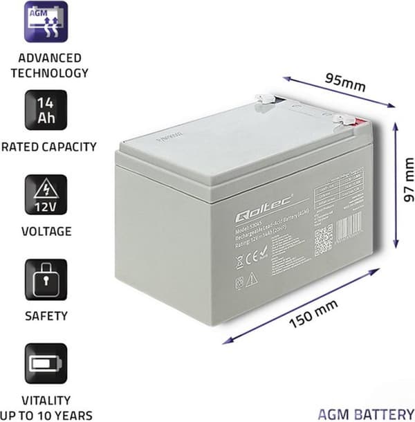Qoltec 53045 AGM akku | 12V | 14Ah | max. 210A